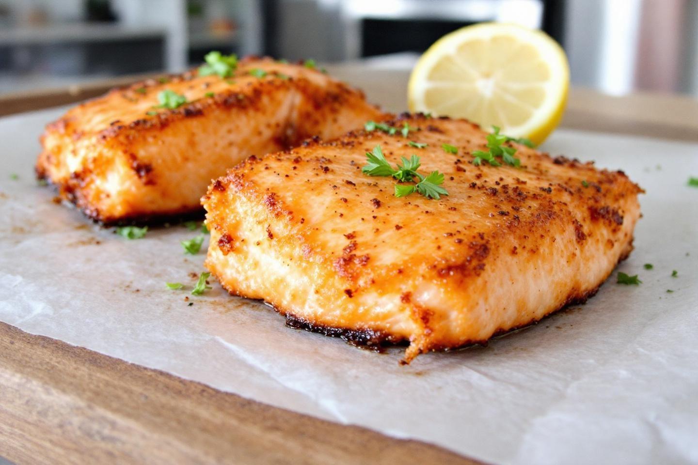 Deux filets de poisson cuits servis avec du citron.