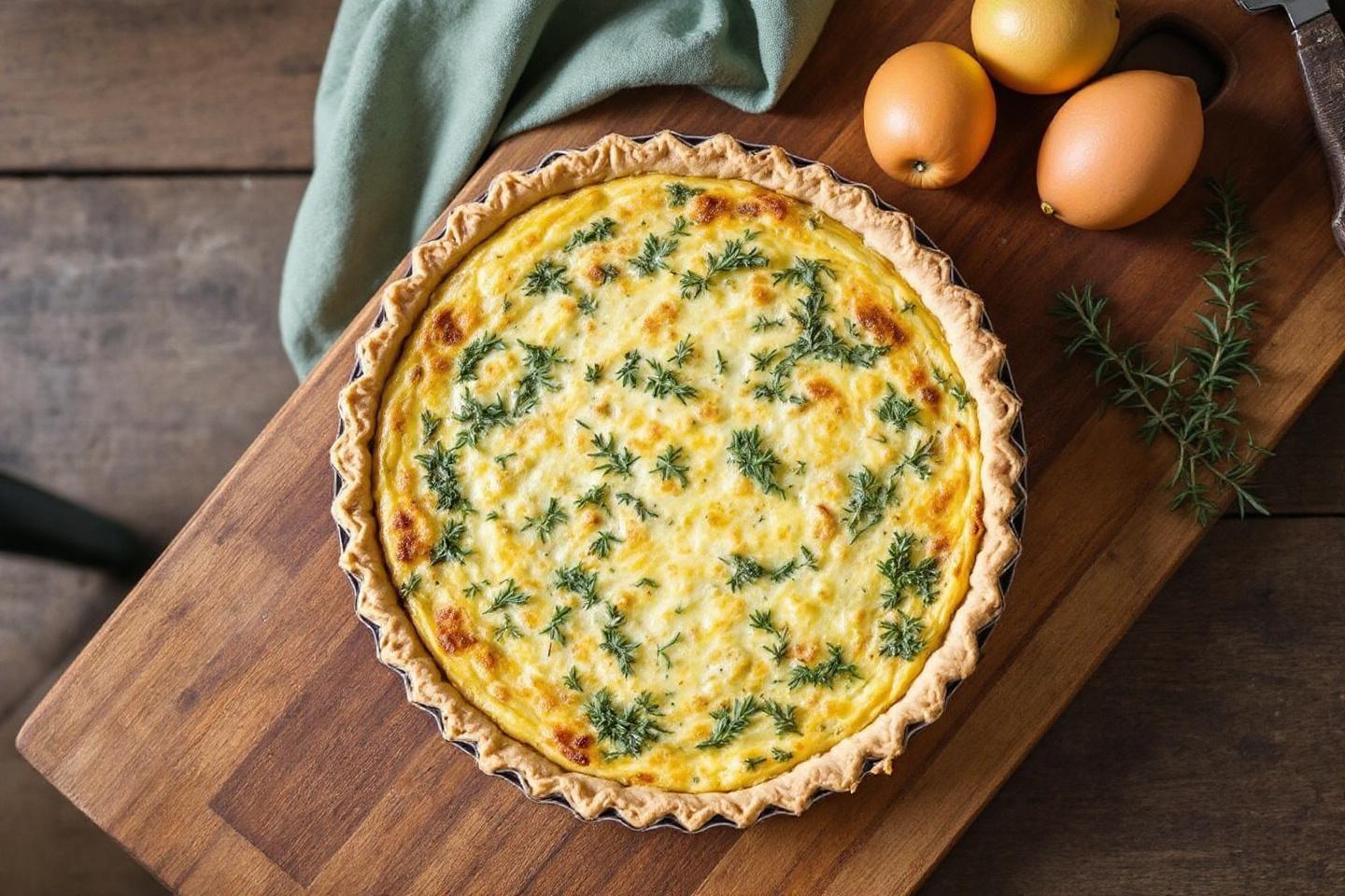 Tarte salée verte sur une planche, avec des œufs à côté.