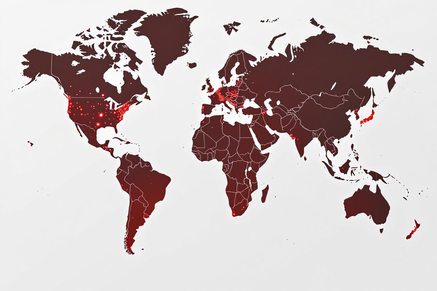 Planisphère sombre avec continents et arcs rouges.