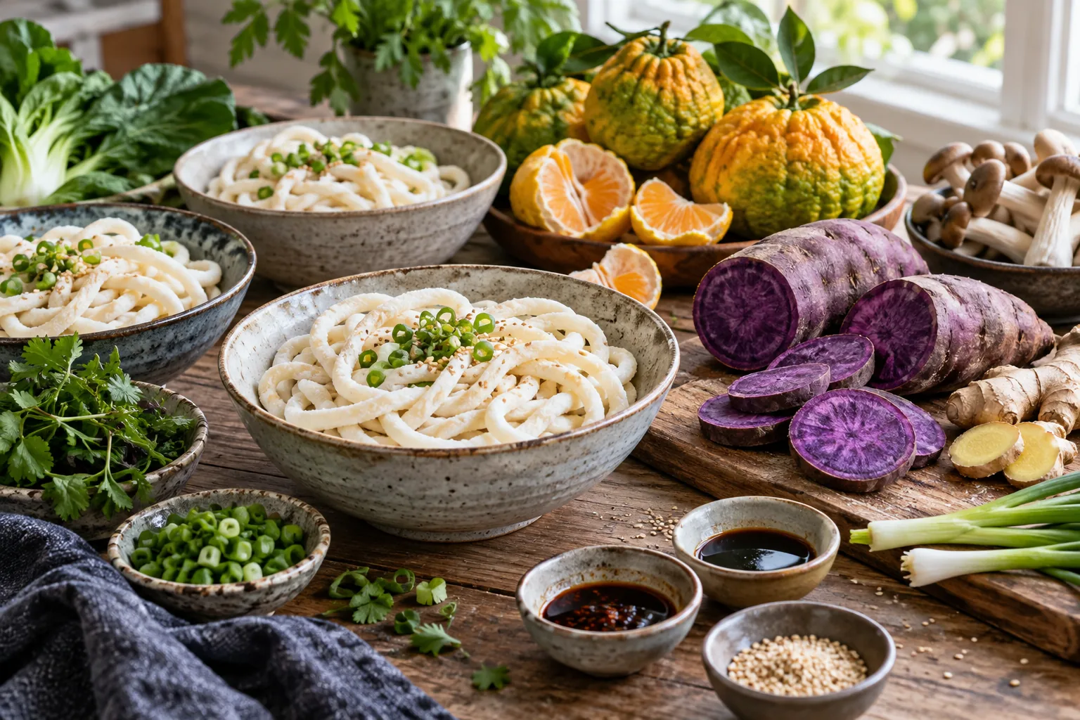 Bols d’udon entourés d’ube violet et d’agrumes ugli sur une table.