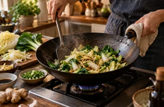 Pak choï et pé-tsaï sautés au wok avec gingembre.