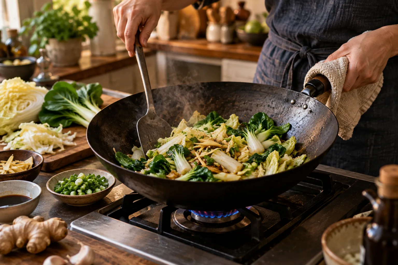 Pak choï et pé-tsaï sautés au wok avec gingembre.