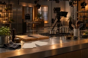 Plateau de télévision culinaire vide avec caméra, éclairages et ustensiles de cuisine.