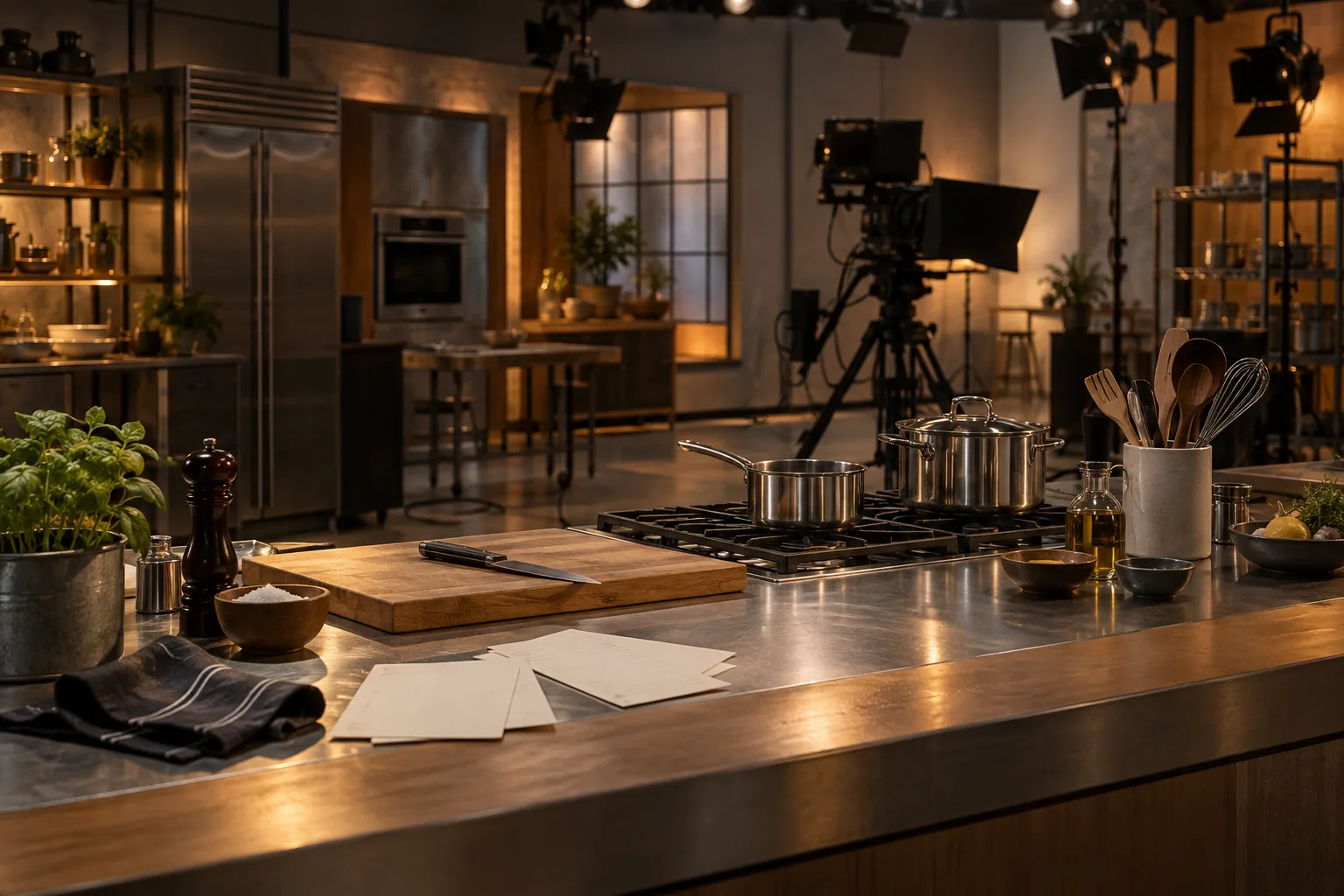 Plateau de télévision culinaire vide avec caméra, éclairages et ustensiles de cuisine.